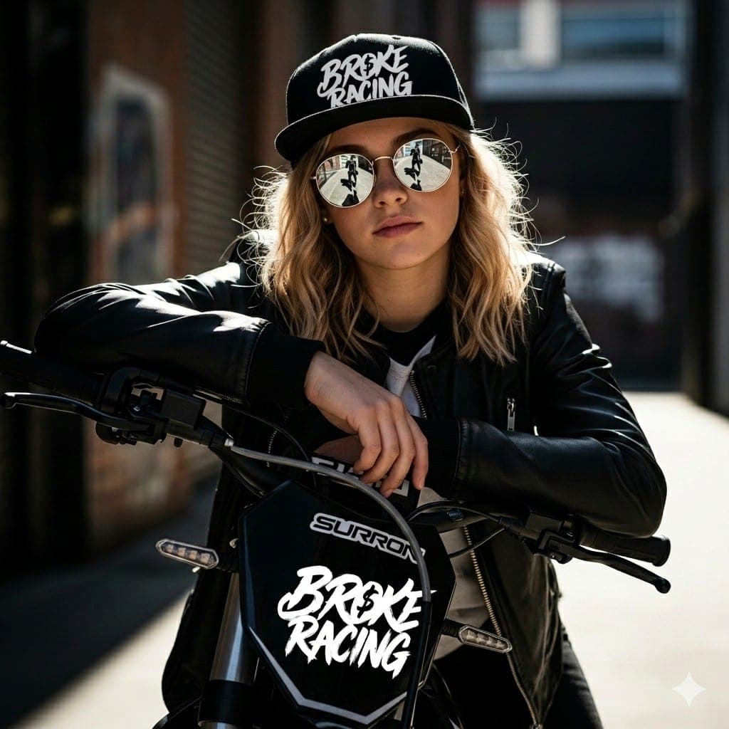 Rider in a Broke Racing cap leaning on a Surron