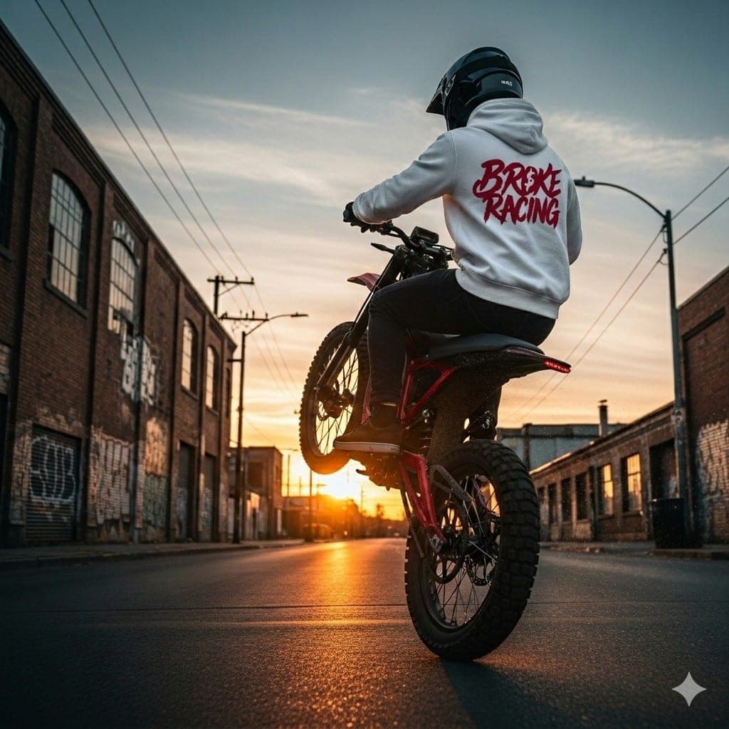 Rider popping a wheelie in a Broke Racing hoodie at sunset