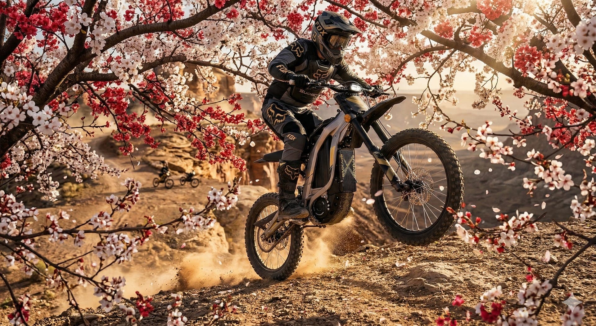 Electric bike rider with cherry blossom overlay